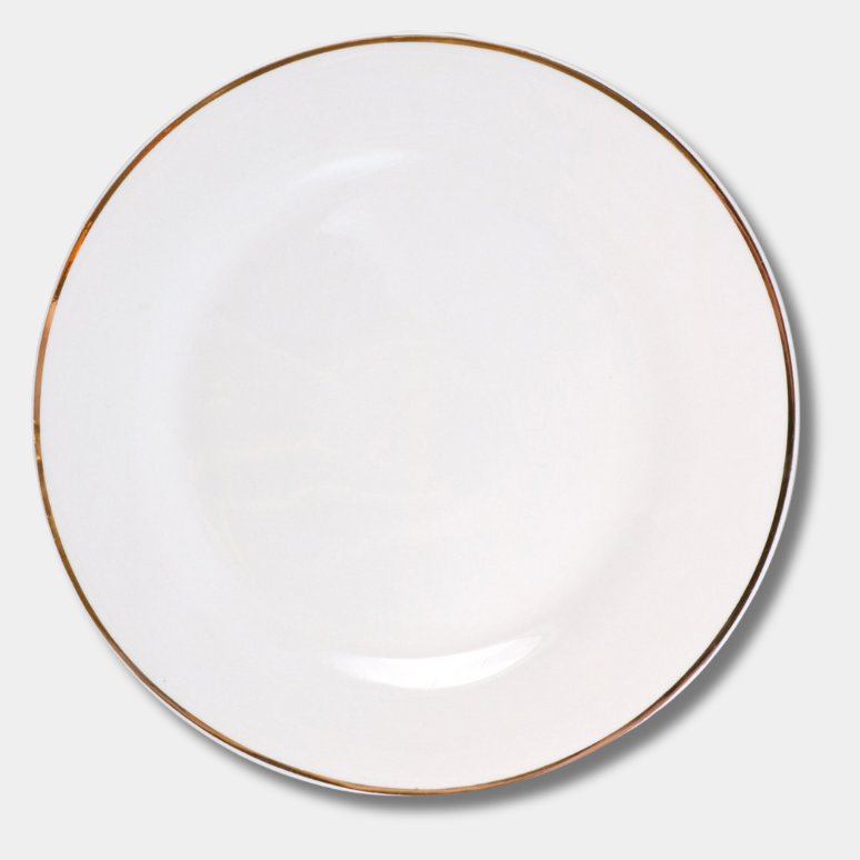 white dinner plate with gold rim 10.5”