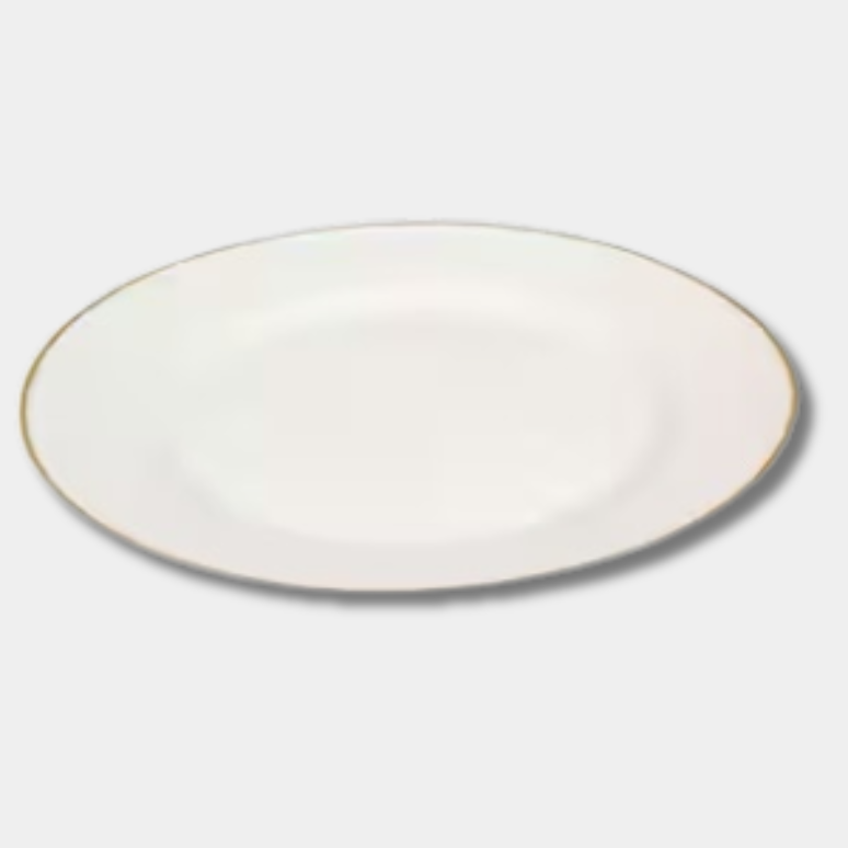 white dinner plate with gold rim 10.5”